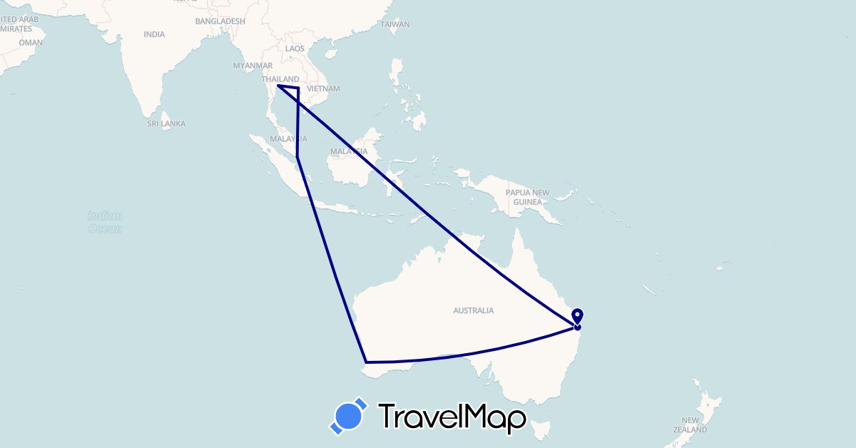 TravelMap itinerary: driving in Australia, Cambodia, Singapore, Thailand (Asia, Oceania)